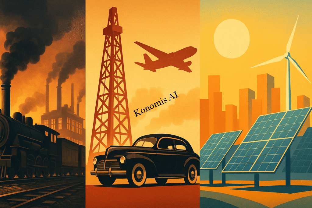 Futuristic Tesla Cybertruck-style electric vehicle charging beside solar panels and wind turbine at sunset, representing the future of clean energy, electric mobility, and renewable technology innovation.