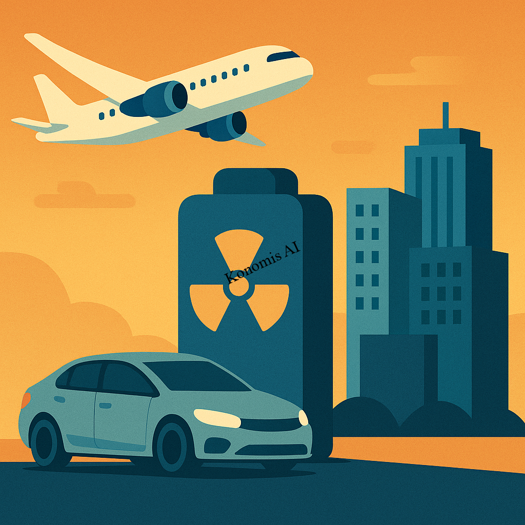 Future Energy Transitions: H0w Nuclear Vehicles Could Empower the Next Global Superpower 6 Futuristic Tesla Cybertruck-style electric vehicle charging beside solar panels and wind turbine at sunset, representing the future of clean energy, electric mobility, and renewable technology innovation.