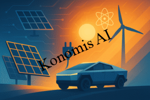 Futuristic Tesla Cybertruck-style electric vehicle charging beside solar panels and wind turbine at sunset, representing the future of clean energy, electric mobility, and renewable technology innovation.